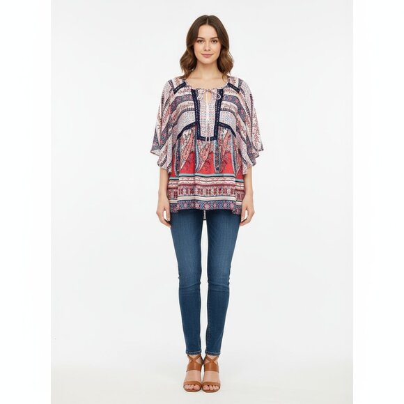 Fig & Flowers Anthropologie Floral Short Sleeve Peasant  Boho Blouse Top L - Picture 7 of 7